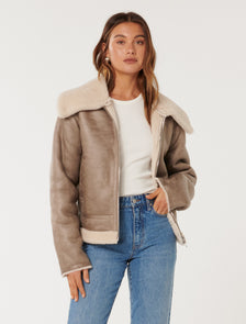 Jamie Shearling Top Collar Aviator Brown/Cream