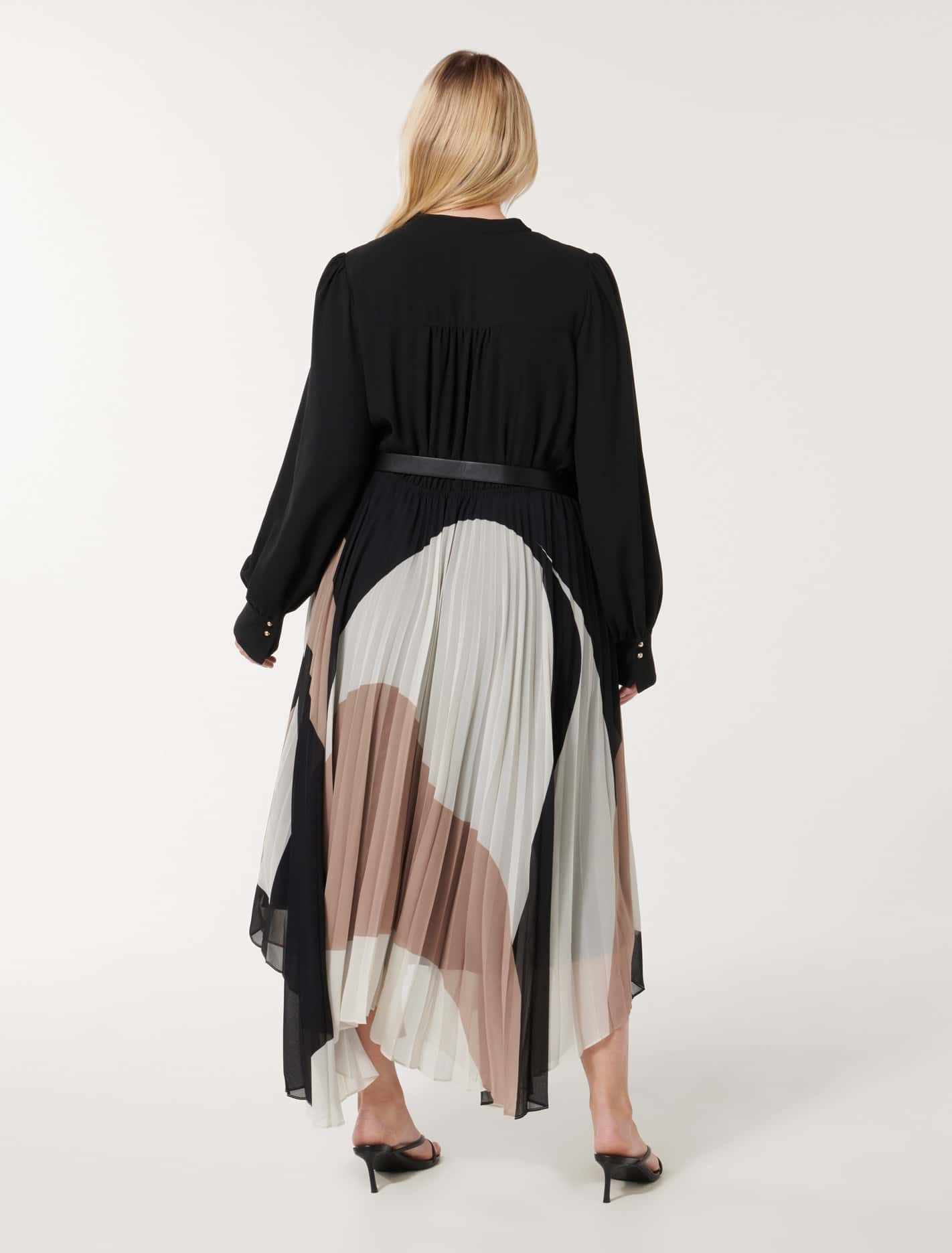 Milan Curve Pleated Belt Midi Dress Blake Abstract
