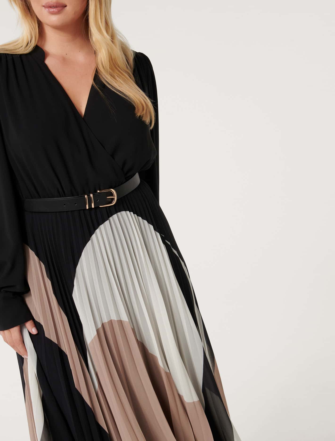 Milan Curve Pleated Belt Midi Dress Blake Abstract