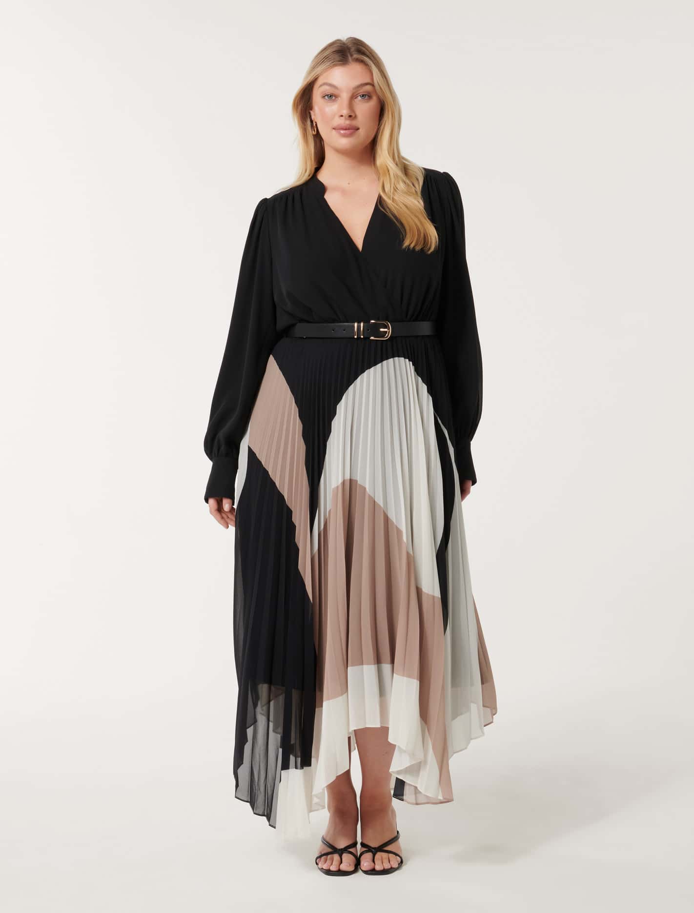 Milan Curve Pleated Belt Midi Dress Blake Abstract