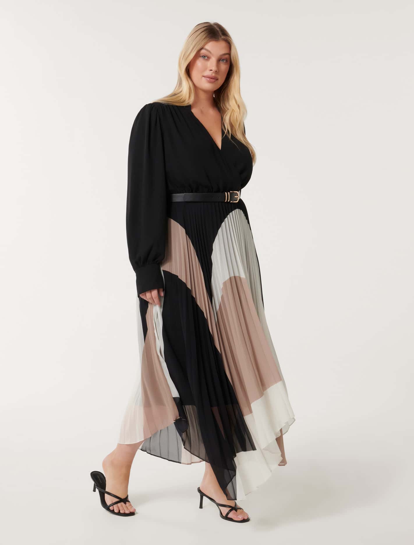 Milan Curve Pleated Belt Midi Dress Blake Abstract