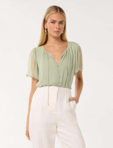 Alba Button Front Blouse Aqua Grey