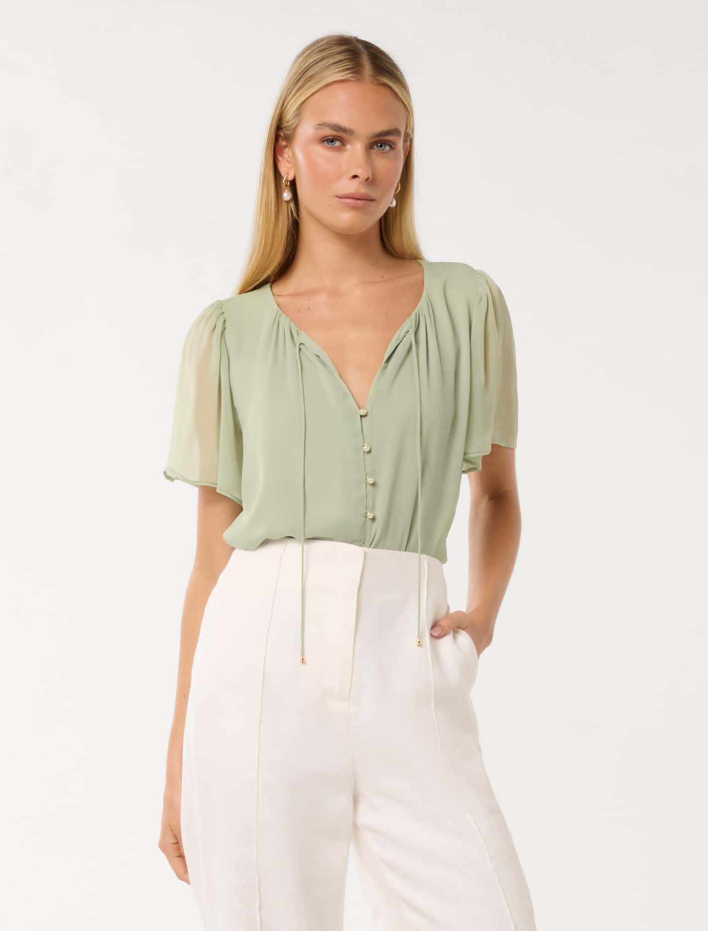 Alba Button Front Blouse Aqua Grey