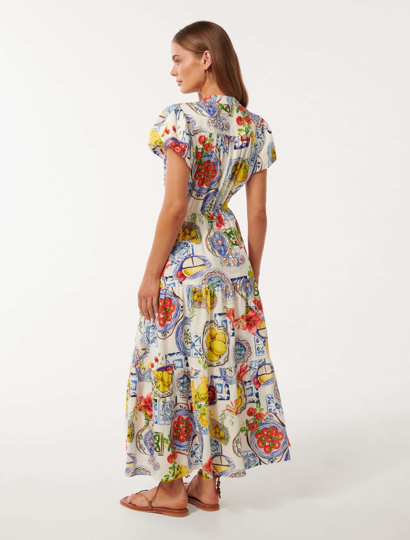 Jacqueline Puff-Sleeve Tiered Midi Dress Sorrento Tile