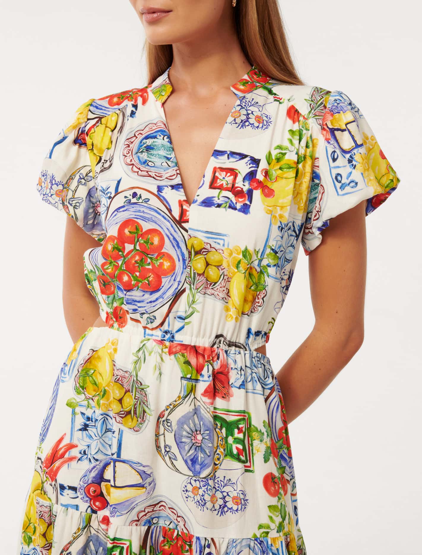 Jacqueline Puff-Sleeve Tiered Midi Dress Sorrento Tile