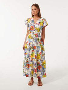 Jacqueline Puff-Sleeve Tiered Midi Dress Sorrento Tile