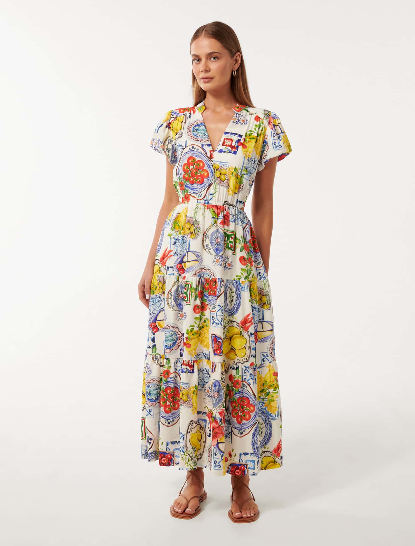 Jacqueline Puff-Sleeve Tiered Midi Dress Sorrento Tile