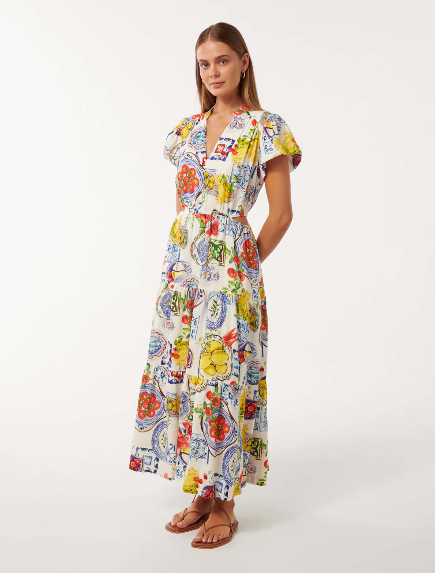 Jacqueline Puff-Sleeve Tiered Midi Dress Sorrento Tile