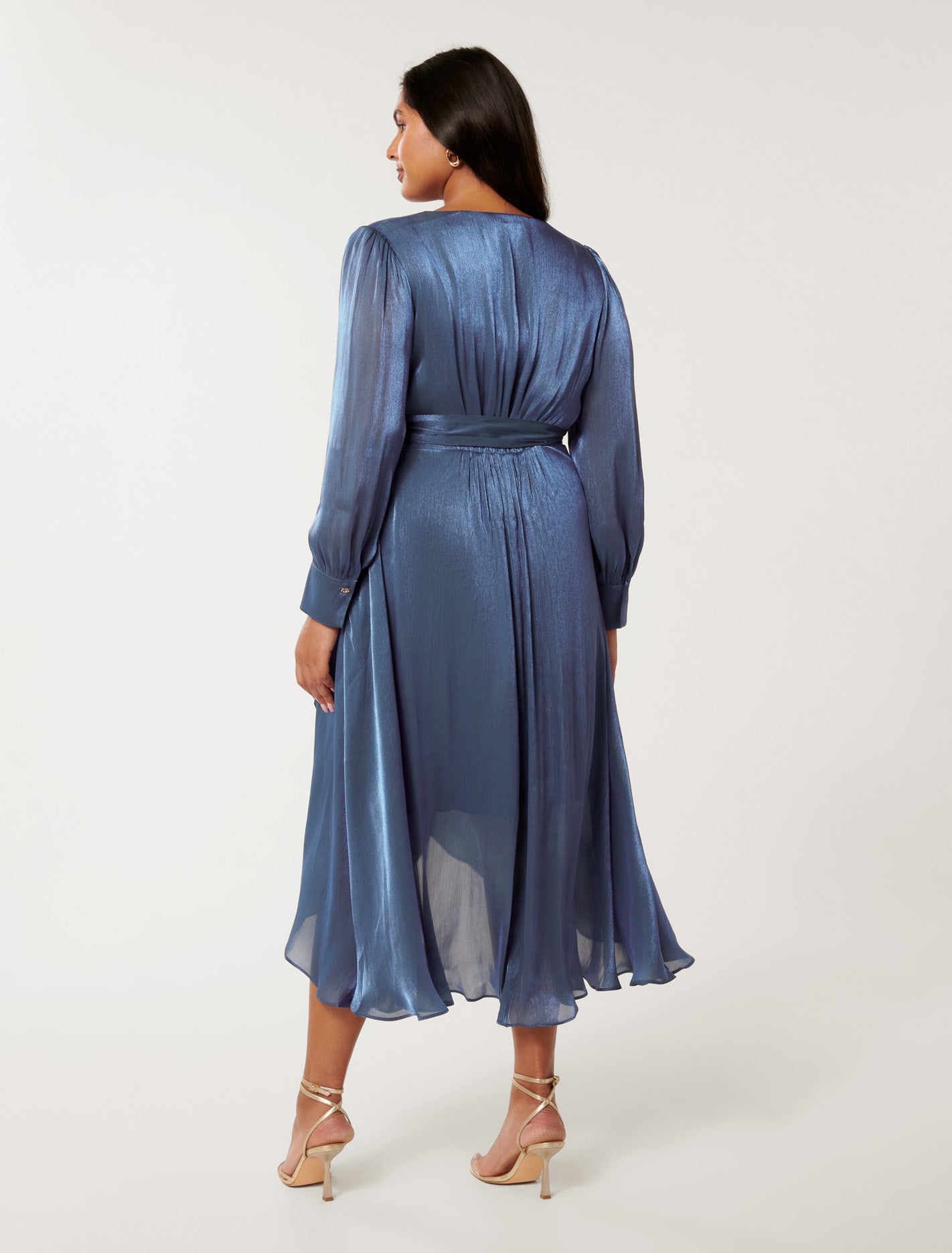 Mabel Curve Metallic Wrap Midi Dress Danish Blue