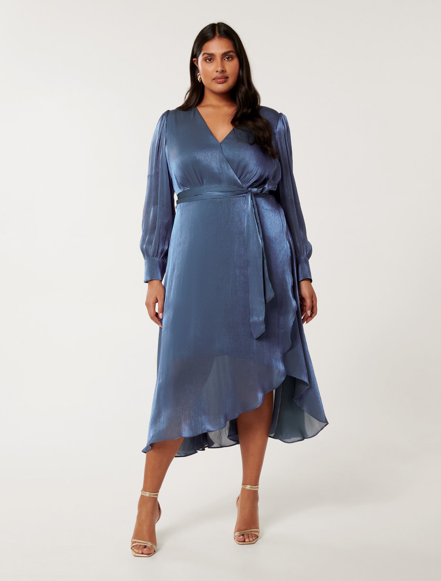 Mabel Curve Metallic Wrap Midi Dress Danish Blue