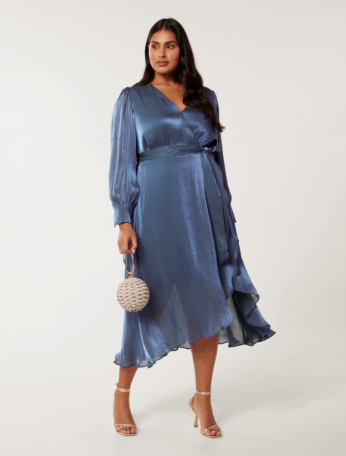 Mabel Curve Metallic Wrap Midi Dress Danish Blue