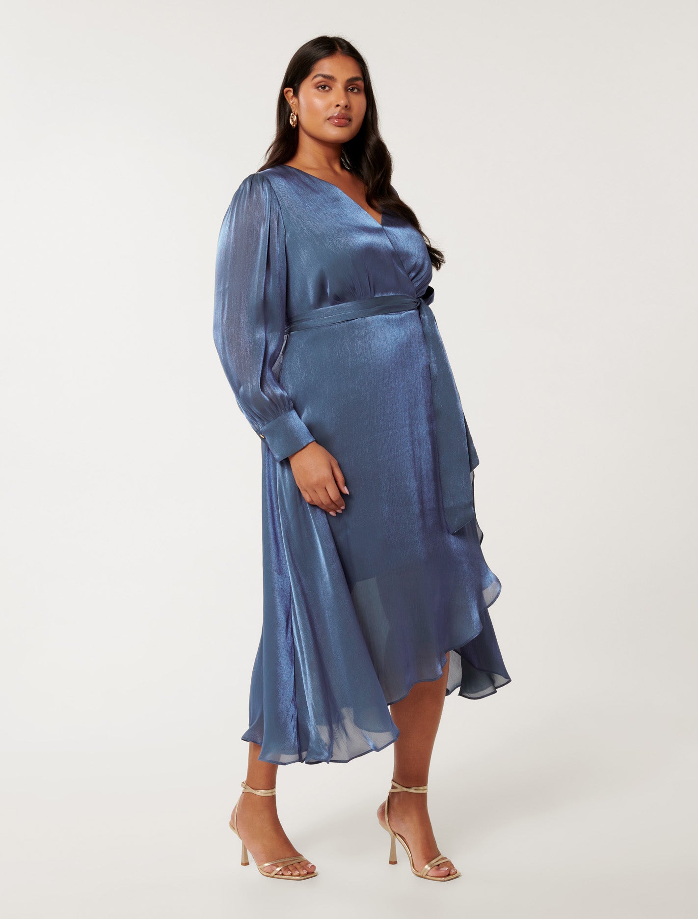 Mabel Curve Metallic Wrap Midi Dress Danish Blue