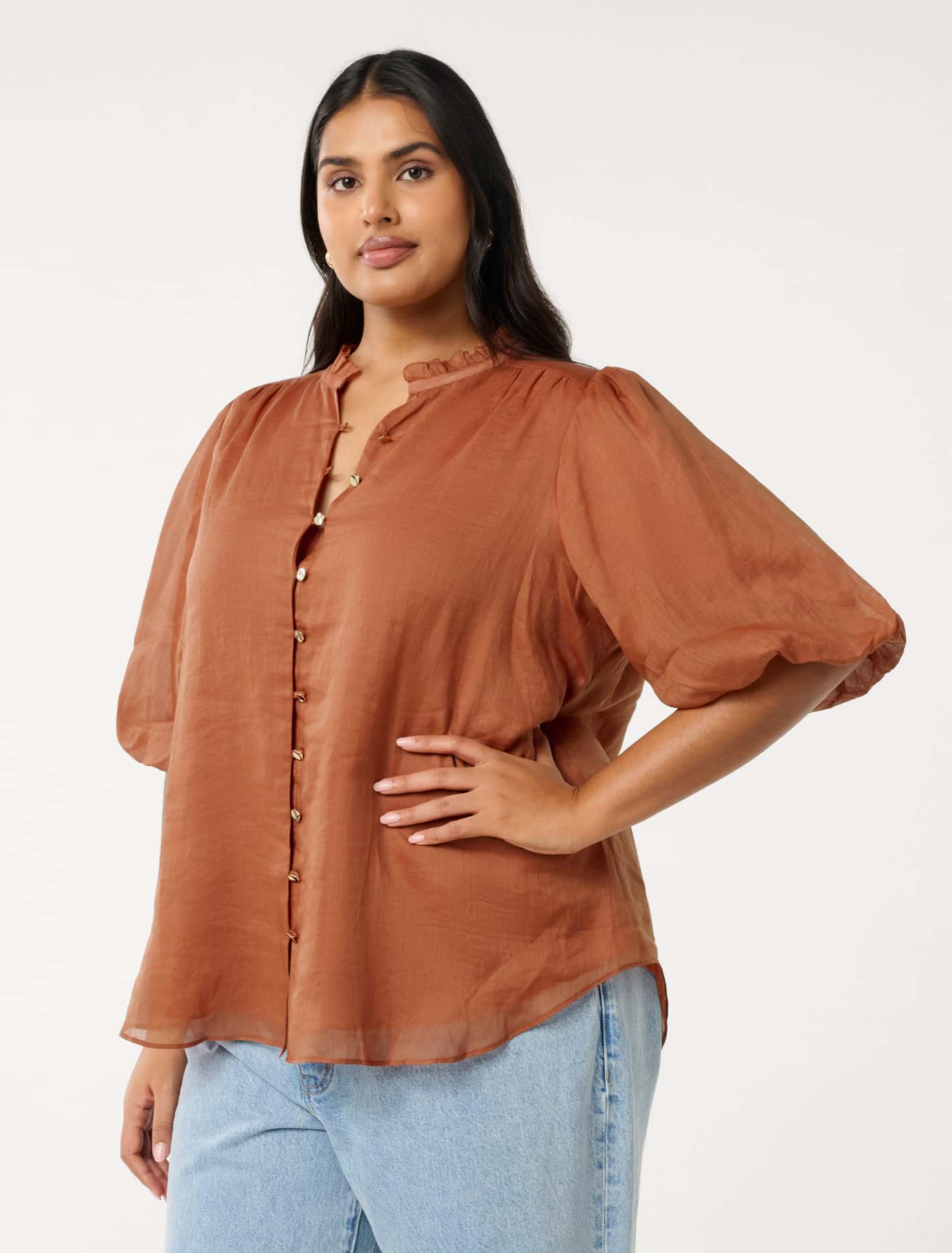 Paloma Curve Puff Sleeve Blouse Mocha Bisque
