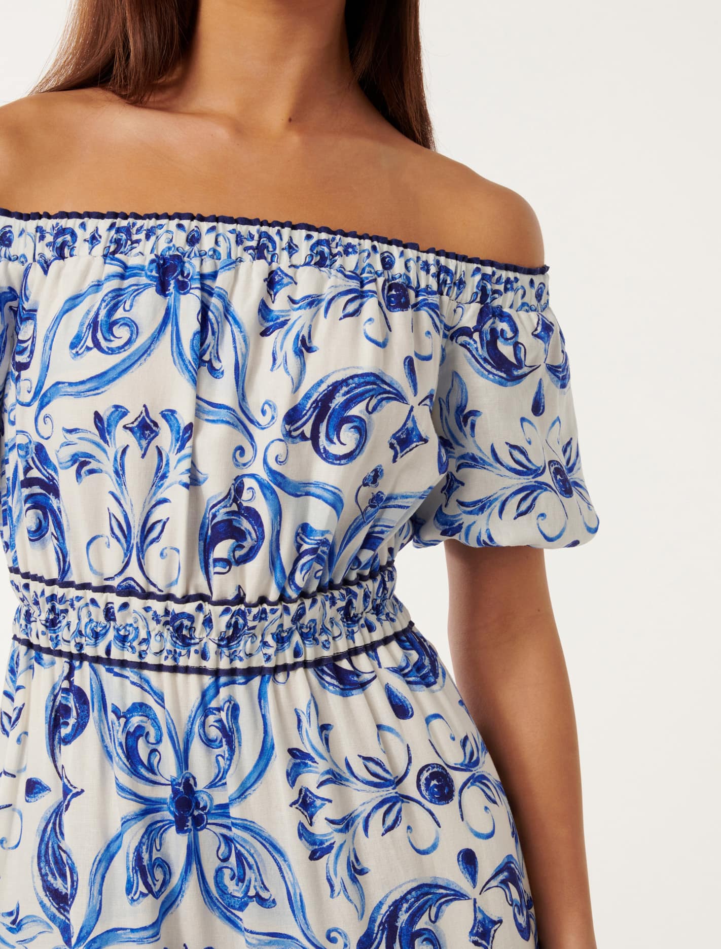 Ravenna Off-Shoulder Tiered Midi Dress Sardinia Tile