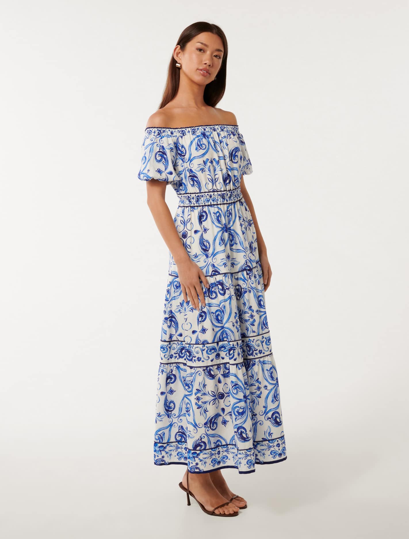 Ravenna Off-Shoulder Tiered Midi Dress Sardinia Tile