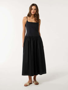 May Square-Neck Midi Dress Black