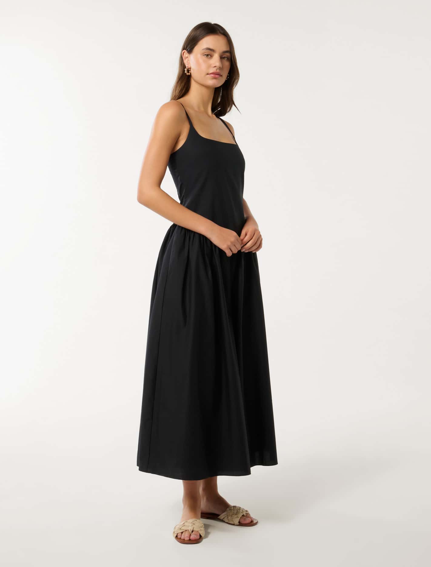 May Square-Neck Midi Dress Black