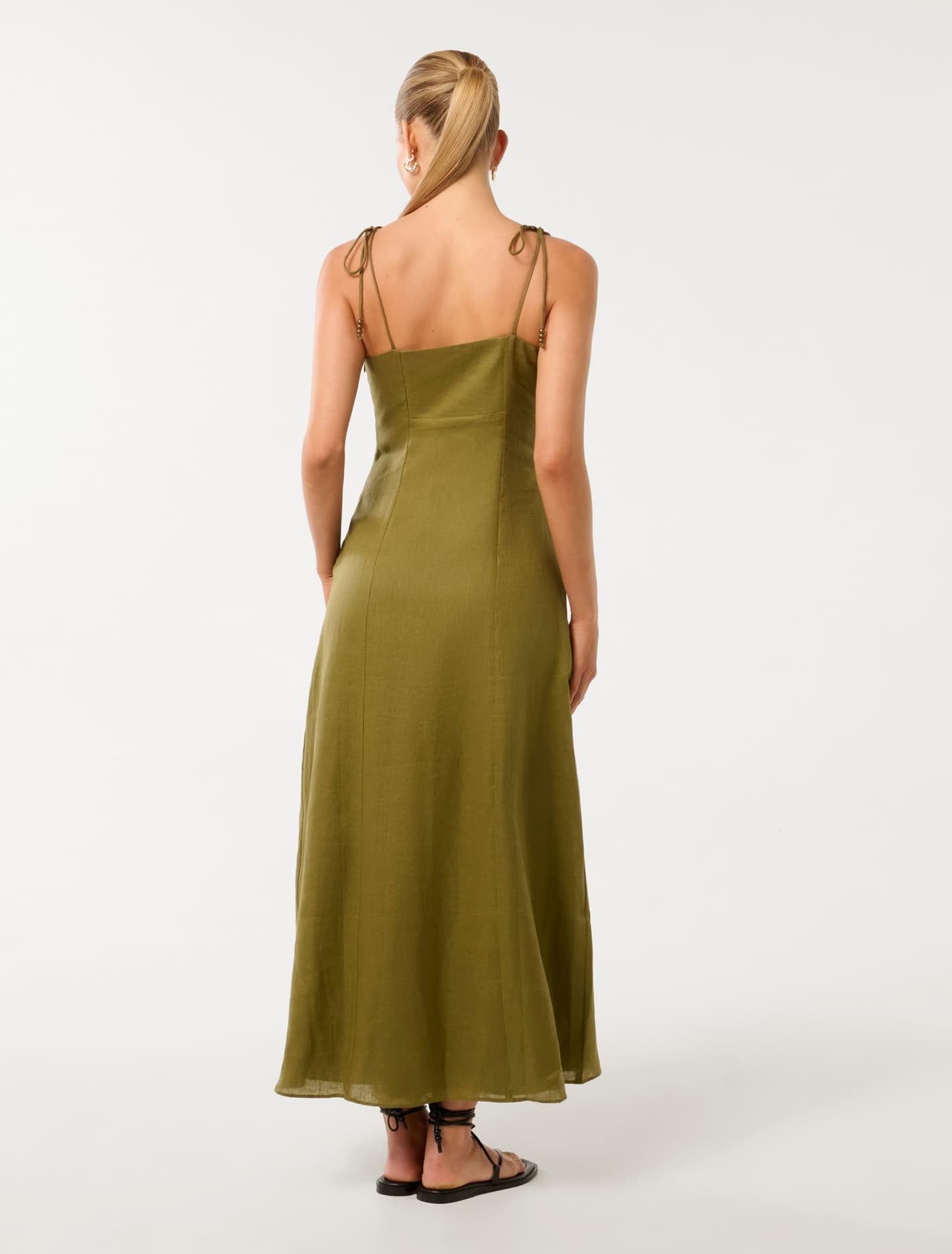 Rita Beaded Tie Linen Midi Dress Olive Branch
