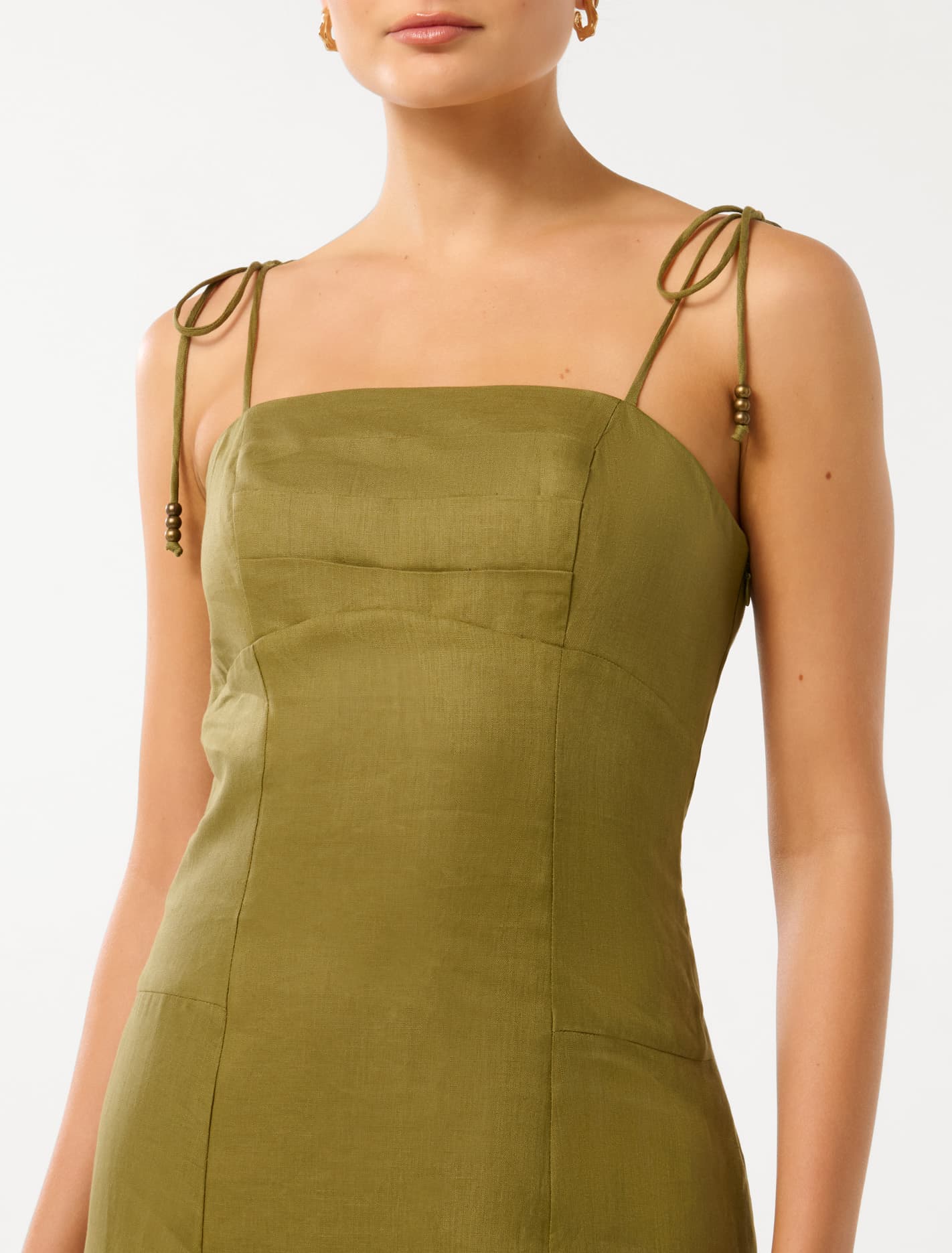 Rita Beaded Tie Linen Midi Dress Olive Branch