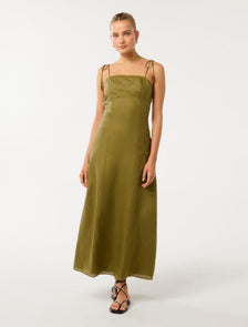 Rita Beaded Tie Linen Midi Dress Olive Branch