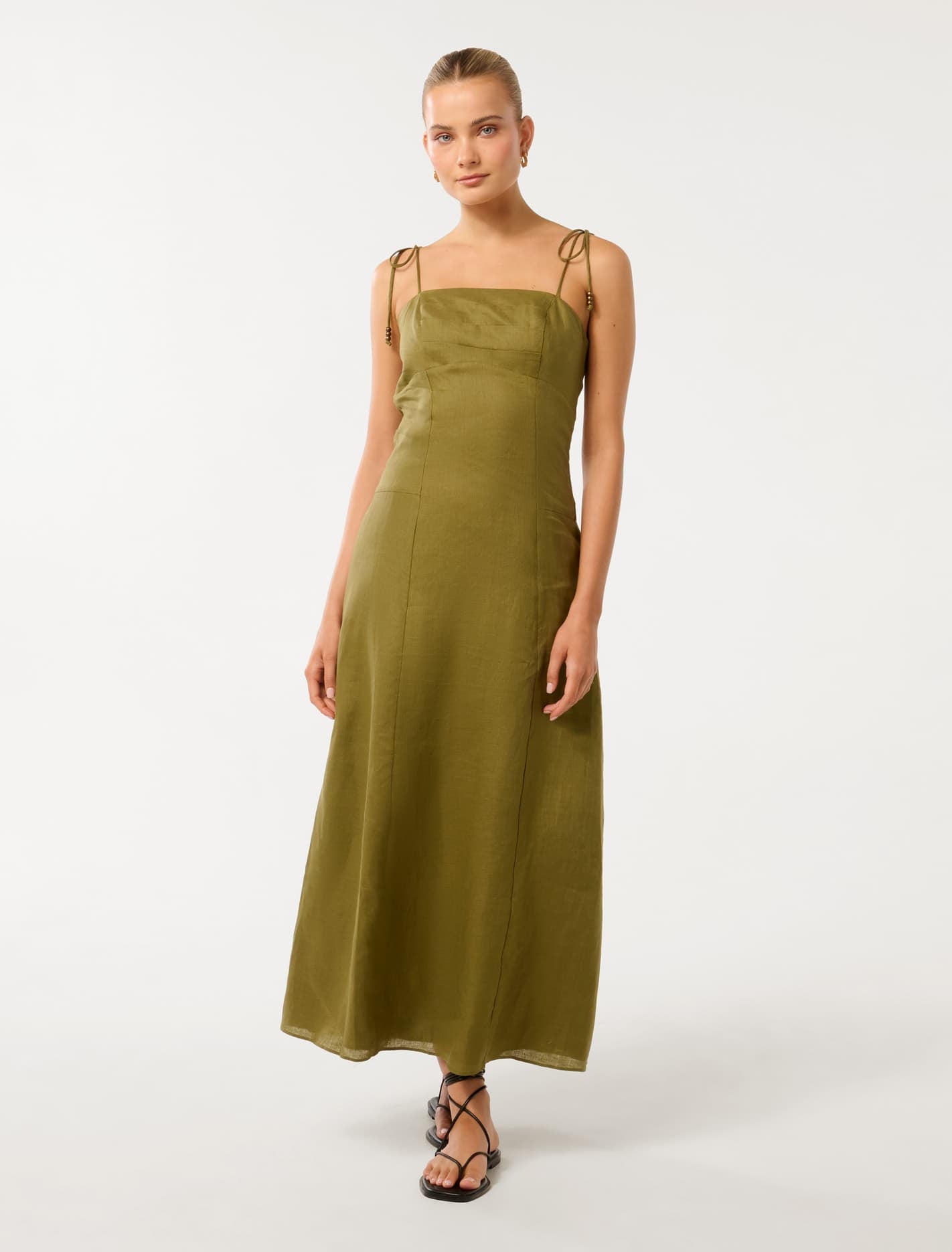 Rita Beaded Tie Linen Midi Dress Olive Branch