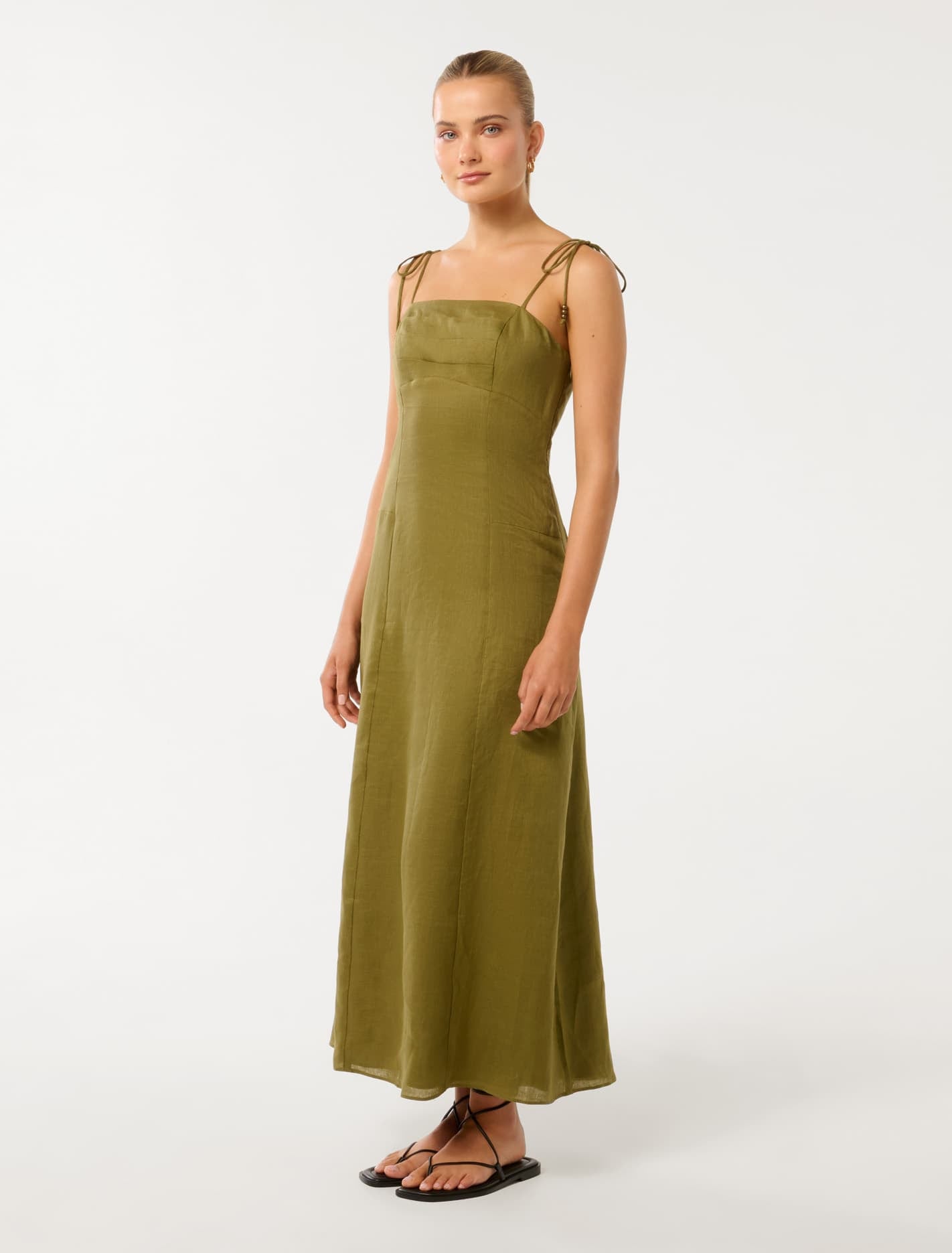 Rita Beaded Tie Linen Midi Dress Olive Branch