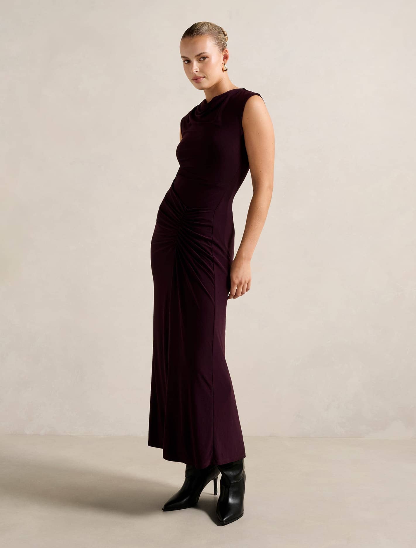 Carrie Draped Bodycon Midi Dress Plum