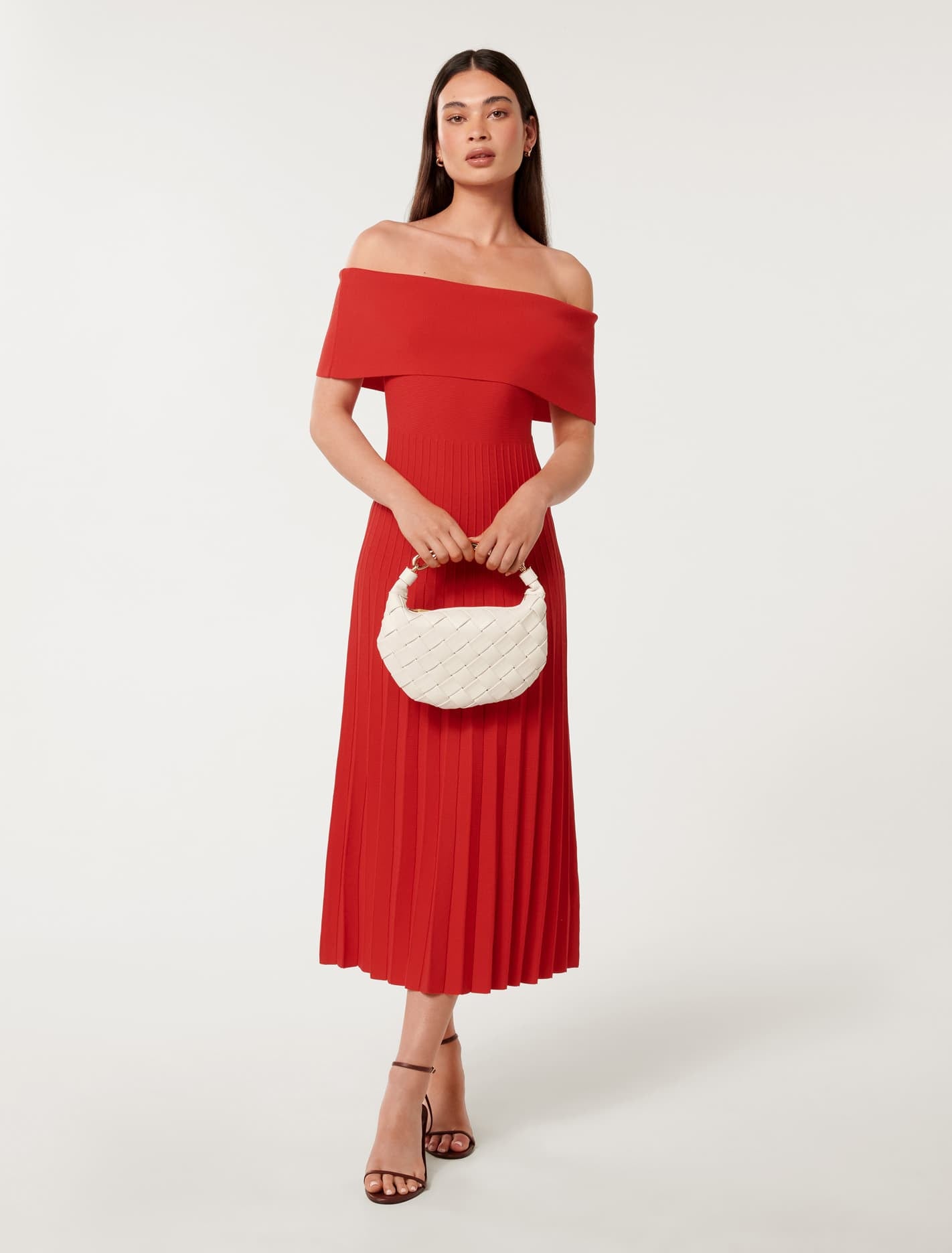 Skye Bardot Knit Midi Dress Flame Scarlet