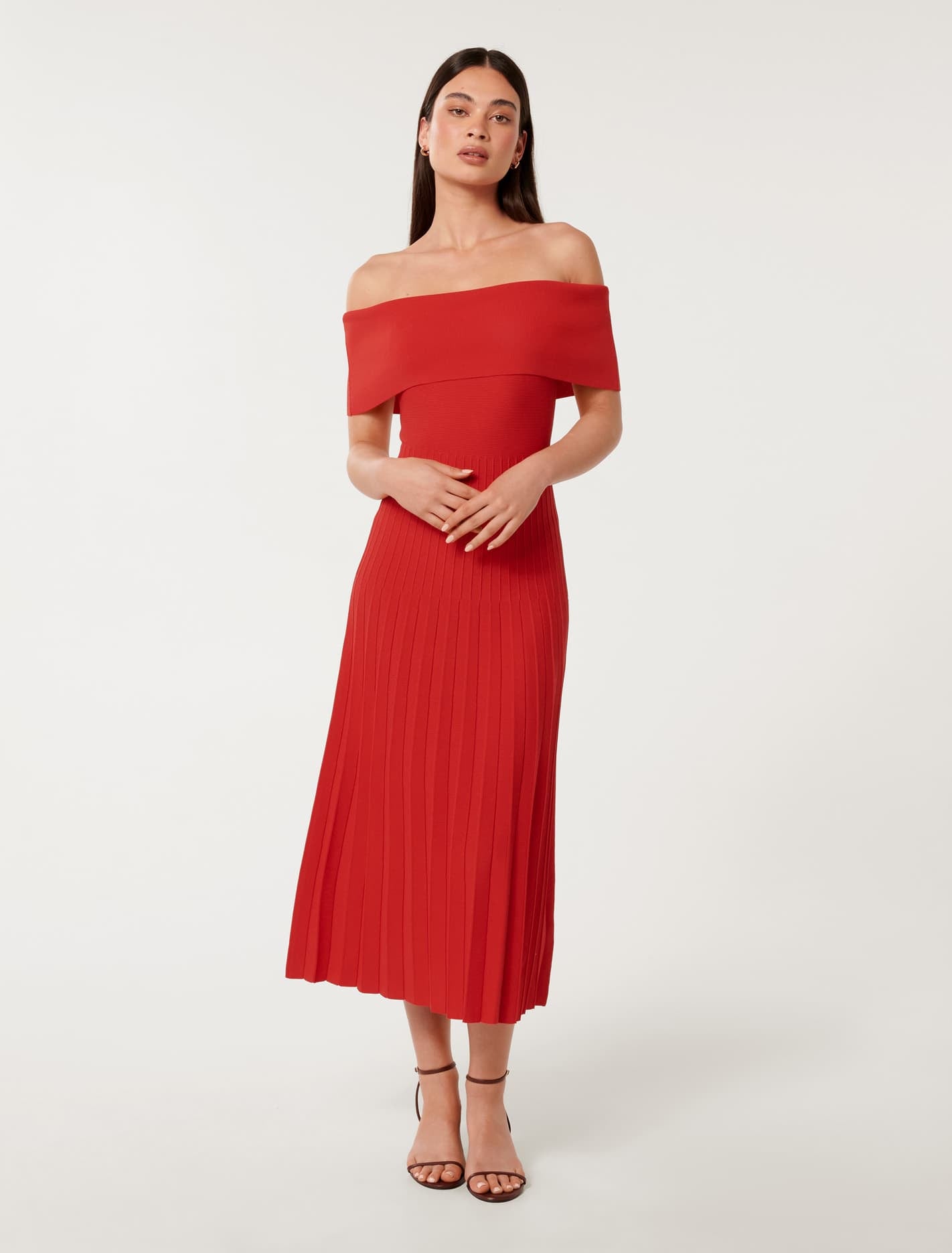 Skye Bardot Knit Midi Dress Flame Scarlet