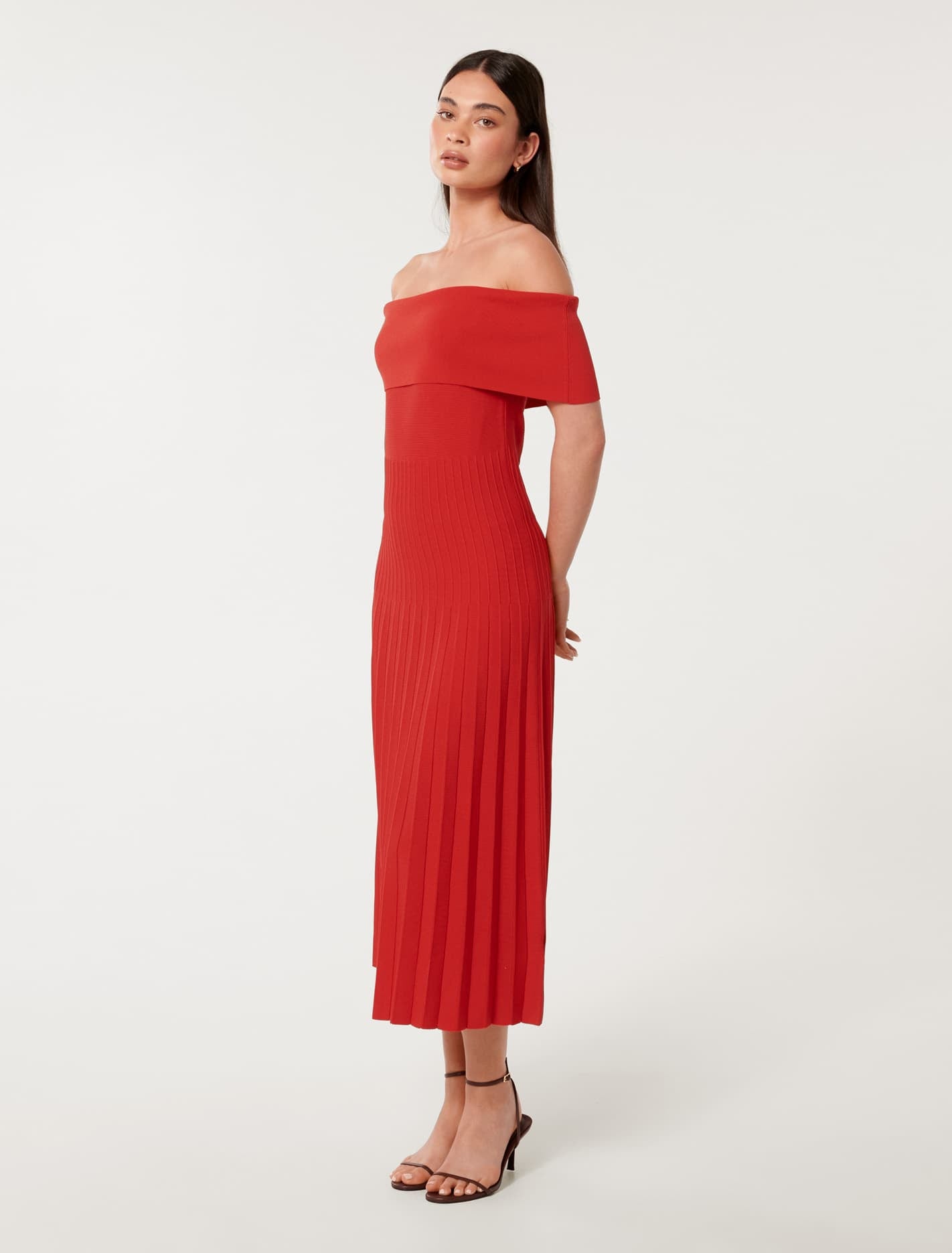 Skye Bardot Knit Midi Dress Flame Scarlet