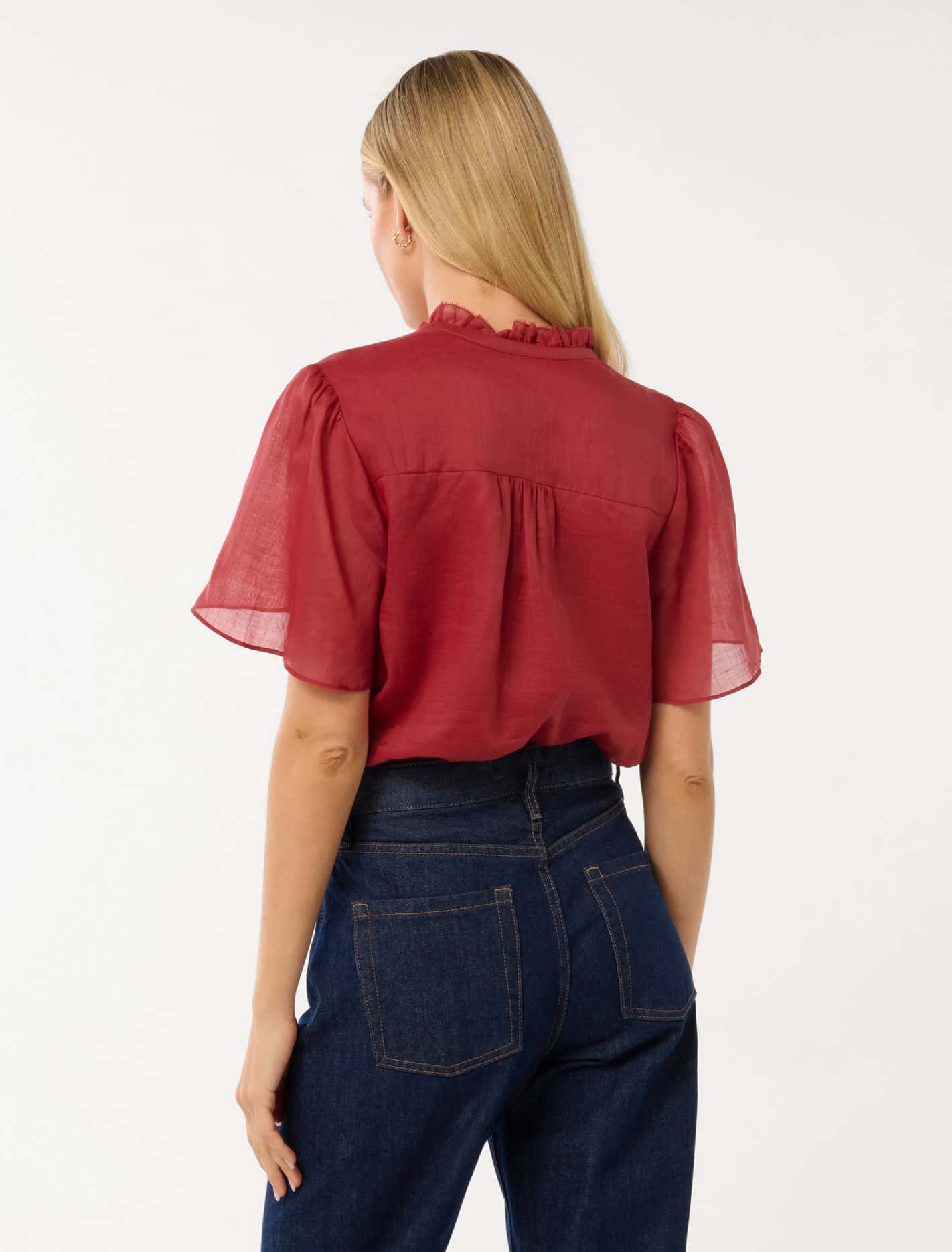 Madison Flutter-Sleeve Blouse Crimson Red