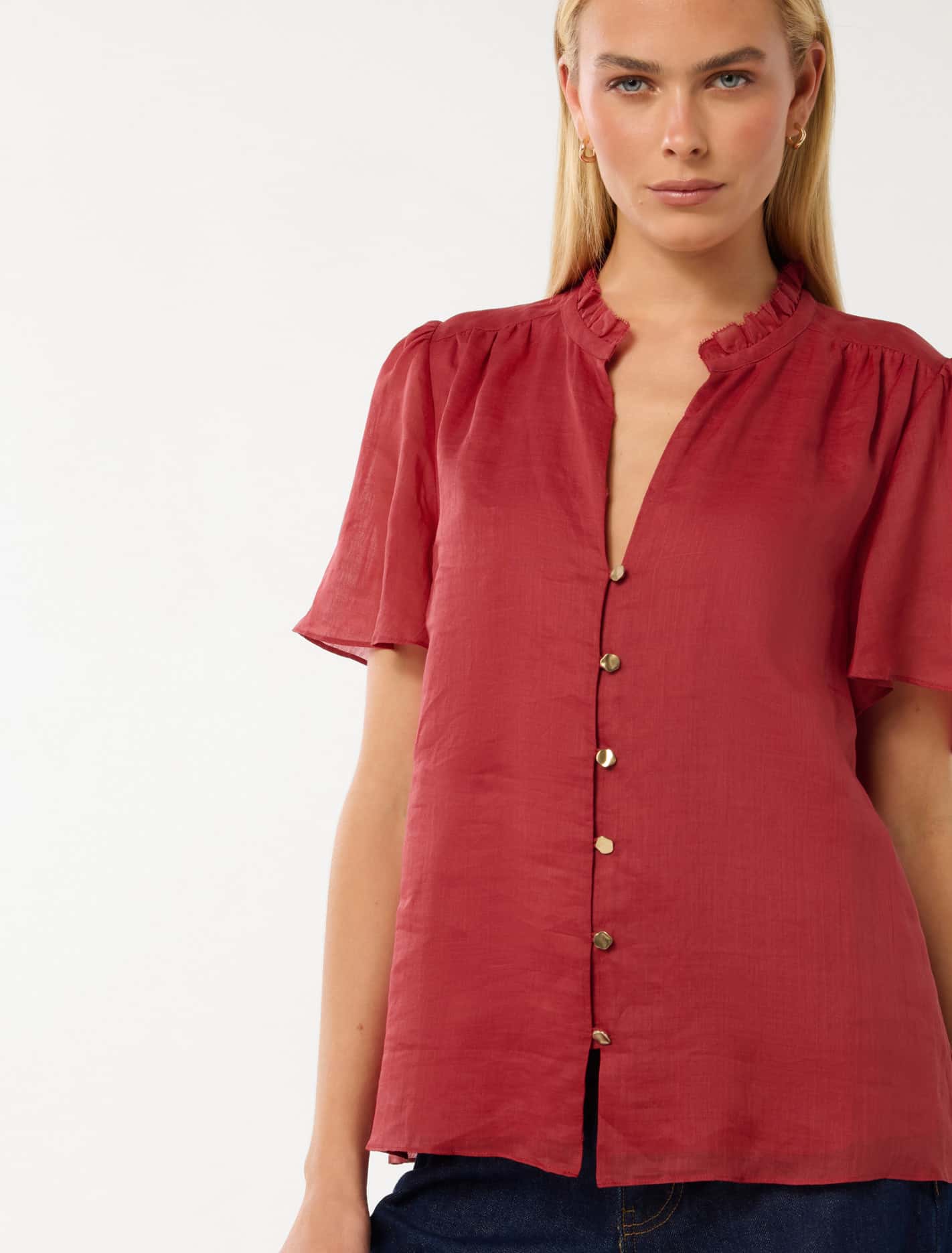Madison Flutter-Sleeve Blouse Crimson Red