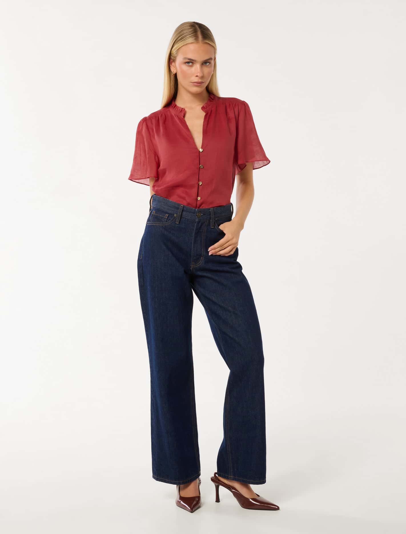 Madison Flutter-Sleeve Blouse Crimson Red