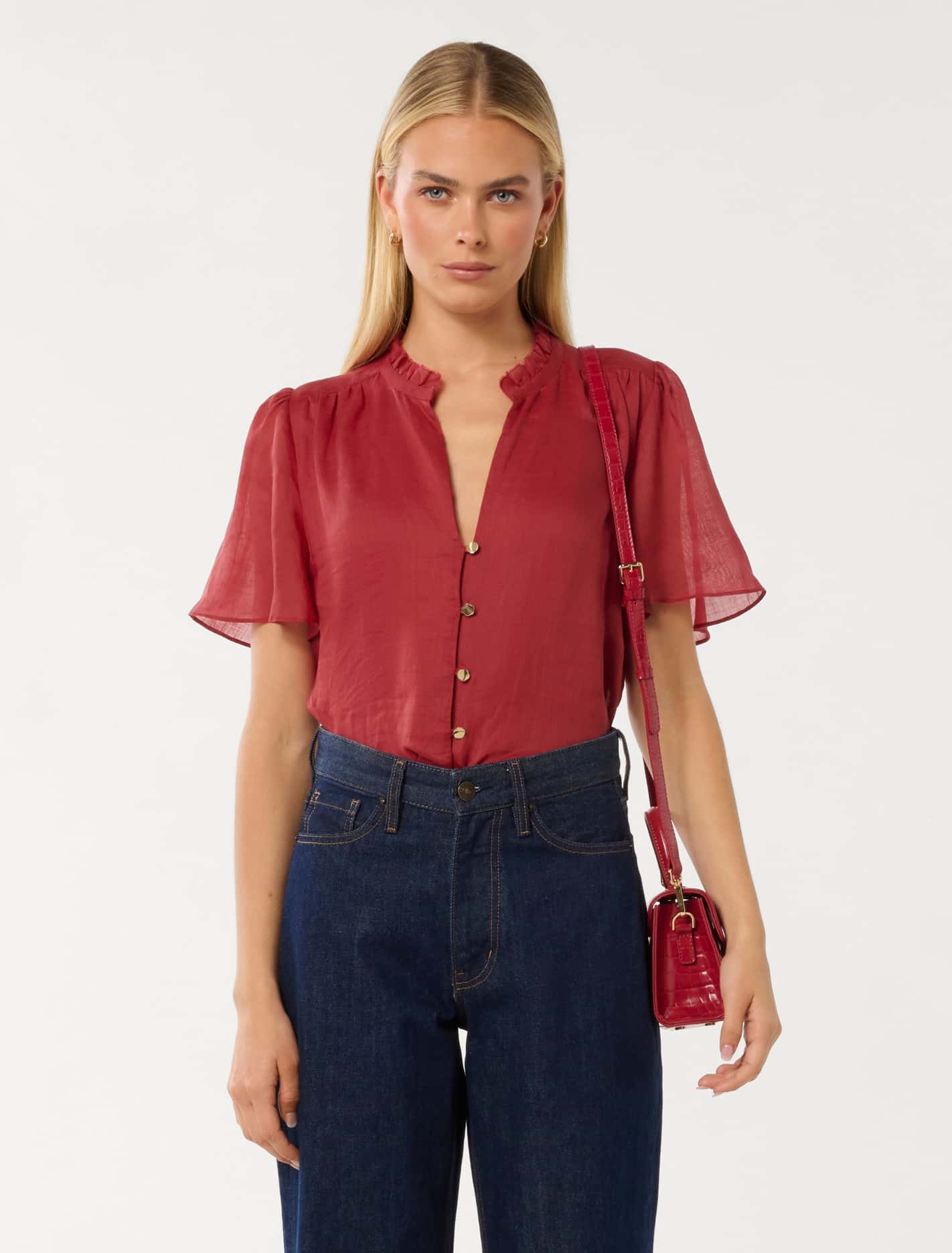 Madison Flutter-Sleeve Blouse Crimson Red