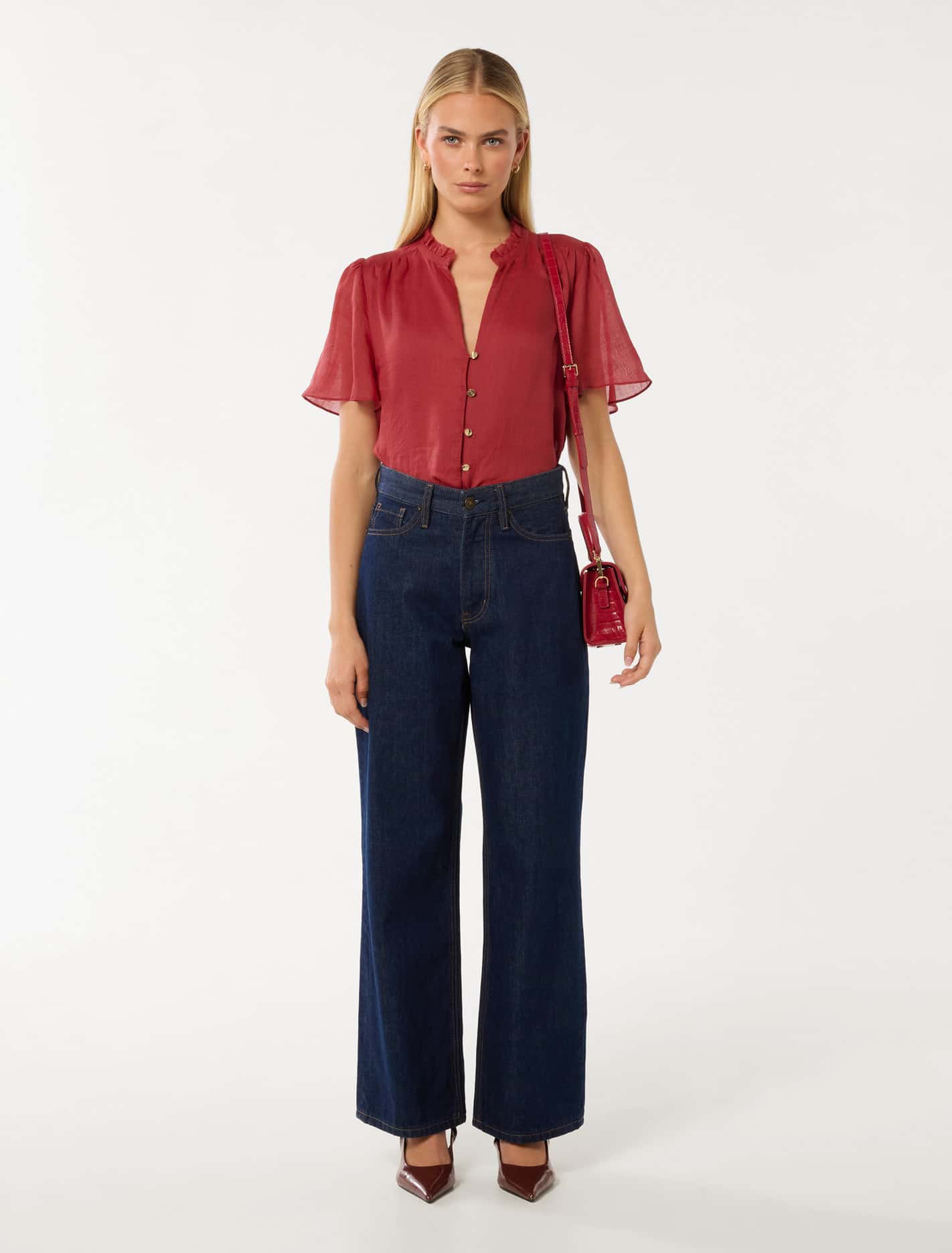 Madison Flutter-Sleeve Blouse Crimson Red