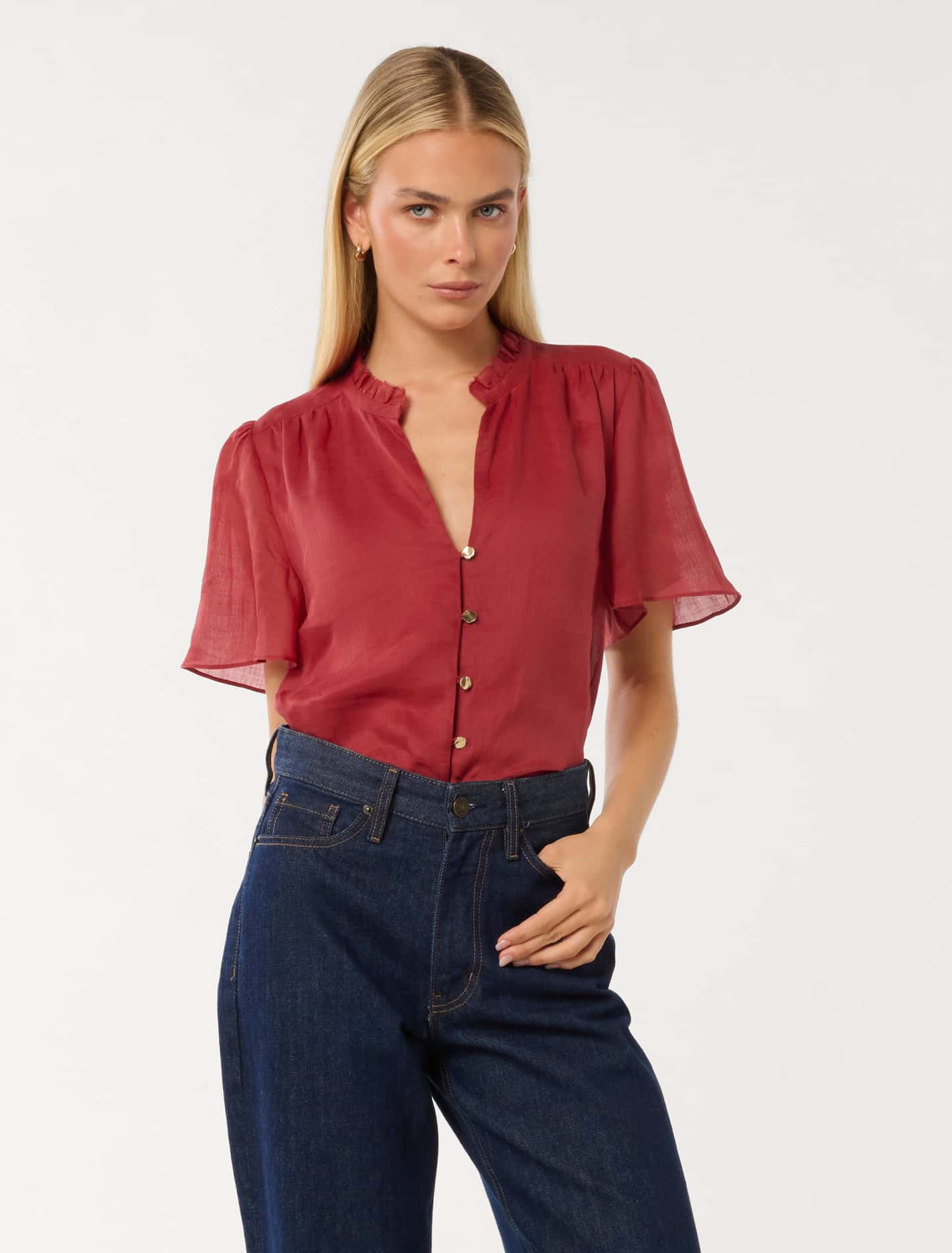 Madison Flutter-Sleeve Blouse Crimson Red