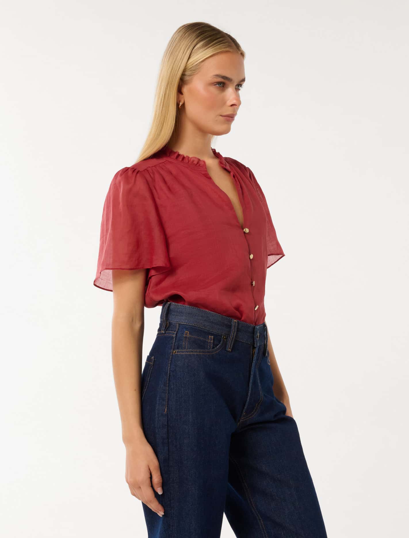 Madison Flutter-Sleeve Blouse Crimson Red
