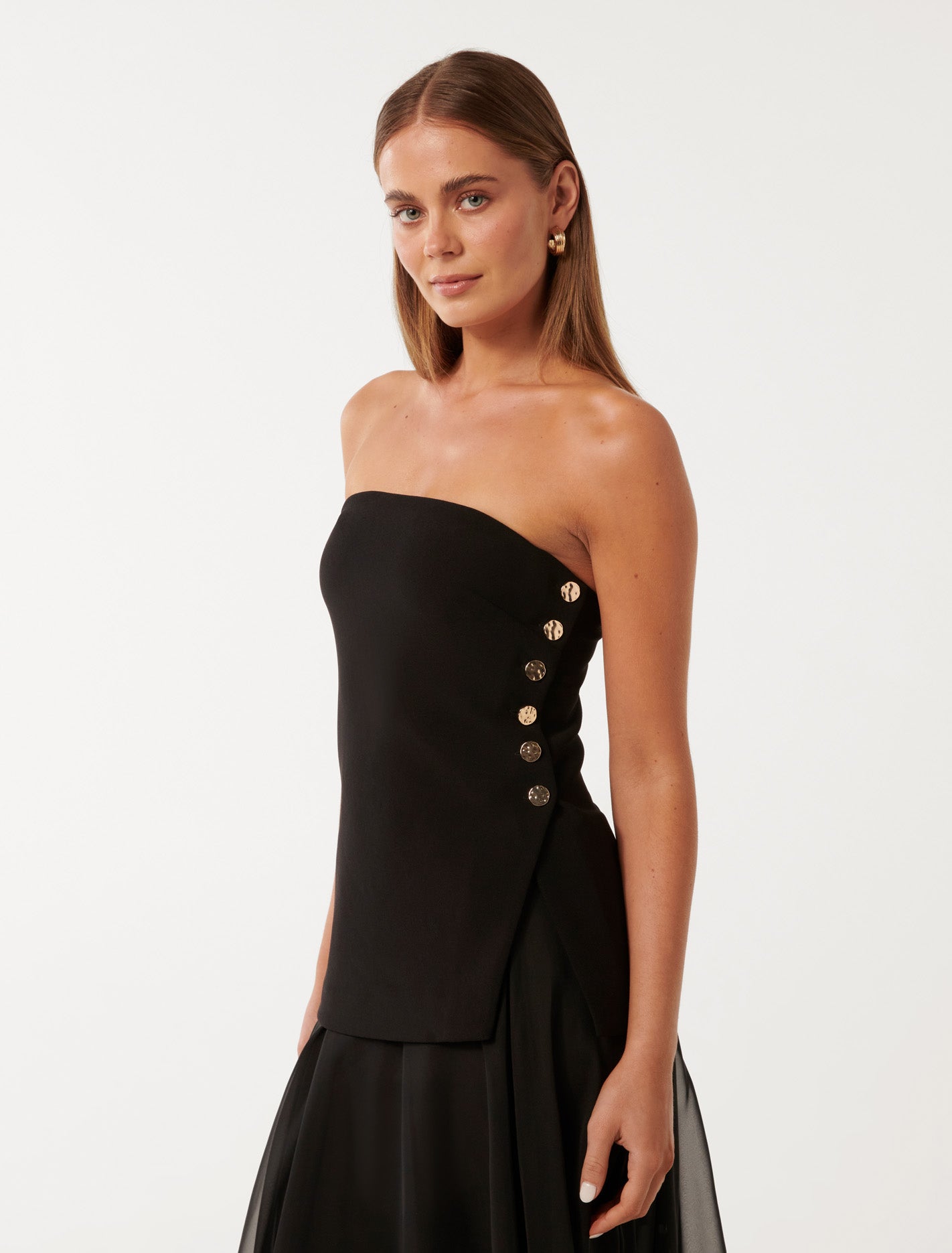 Bianca Button-Side Strapless Top Black
