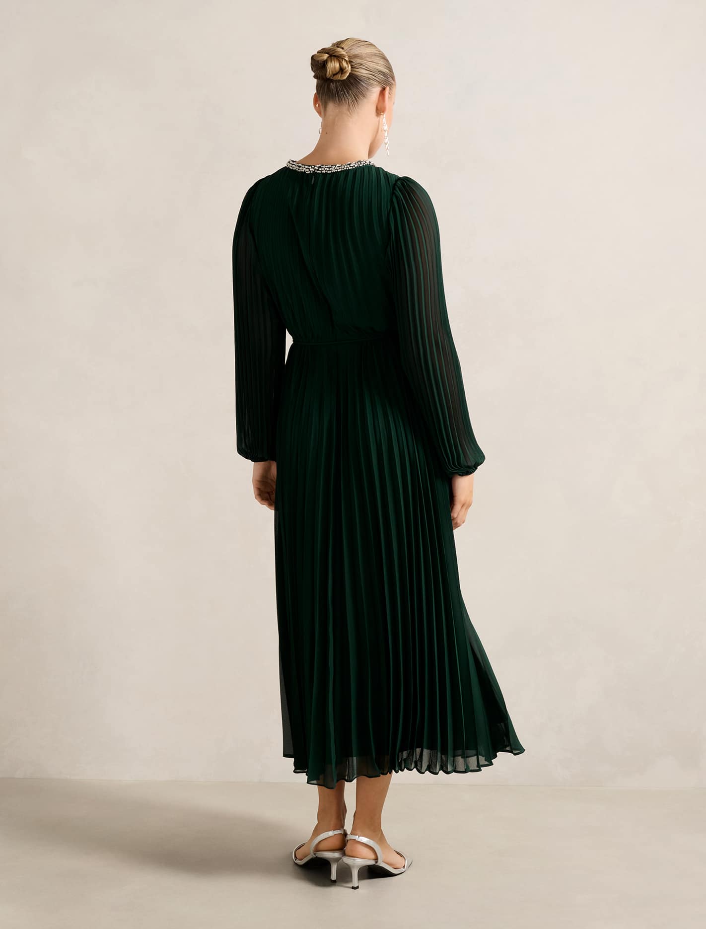 Zelda Embellished Pleat Midi Dress Dark Green