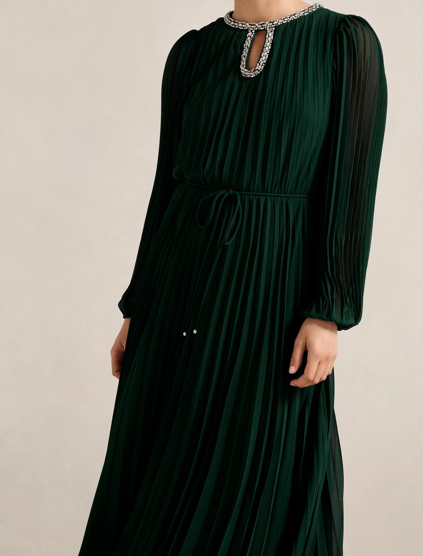 Zelda Embellished Pleat Midi Dress Dark Green