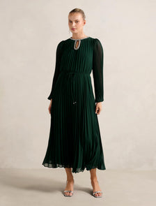 Zelda Embellished Pleat Midi Dress Dark Green
