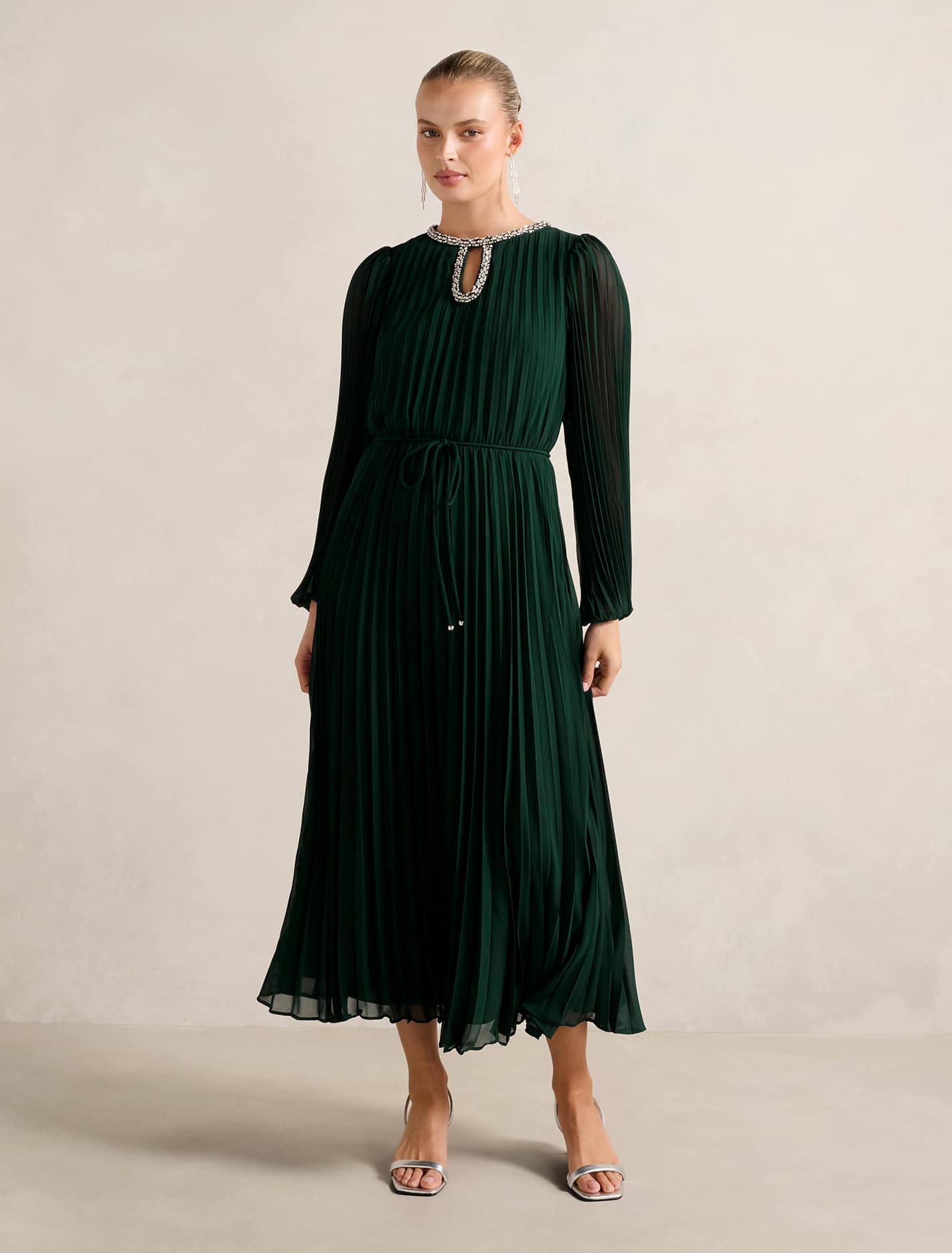 Zelda Embellished Pleat Midi Dress Dark Green