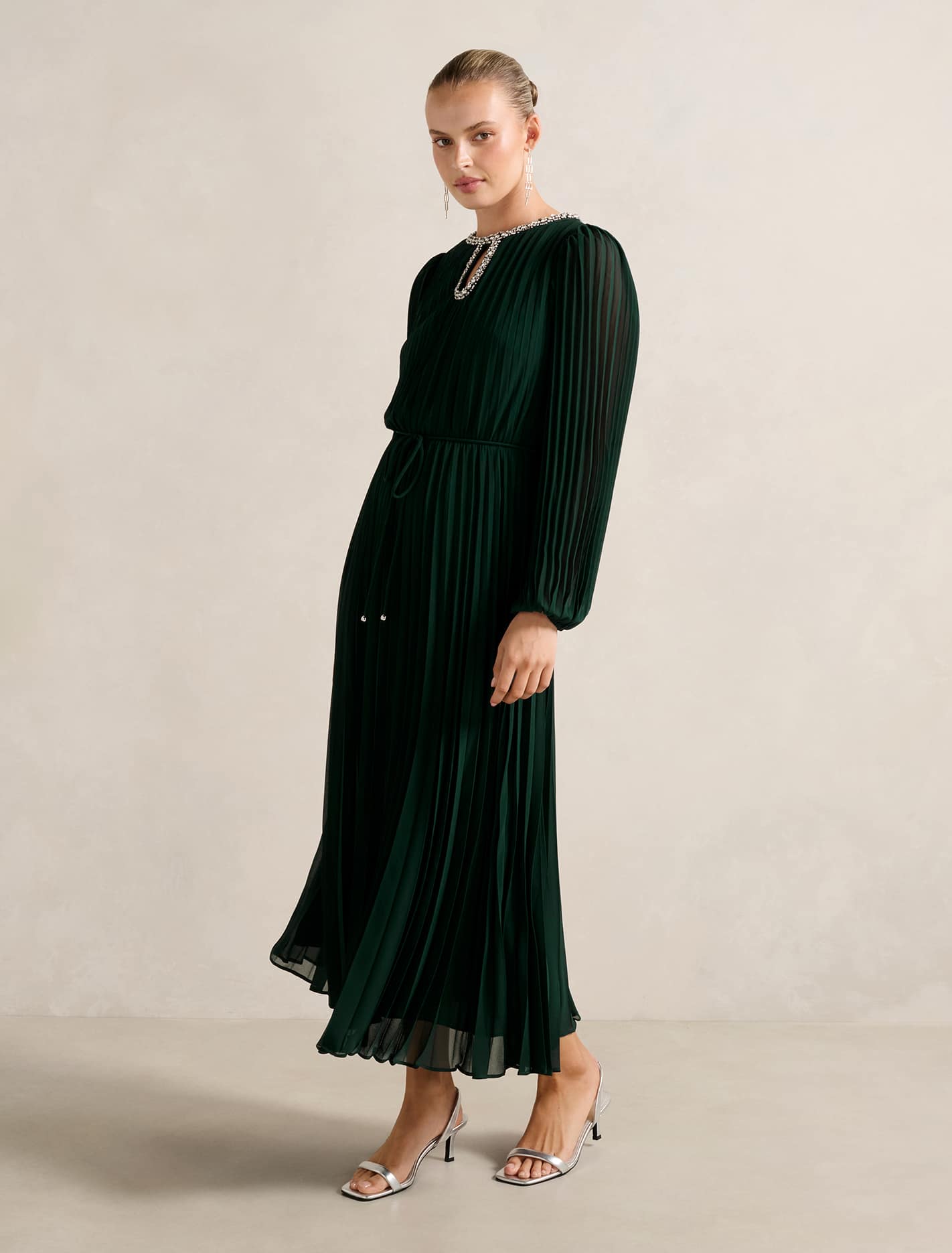 Zelda Embellished Pleat Midi Dress Dark Green