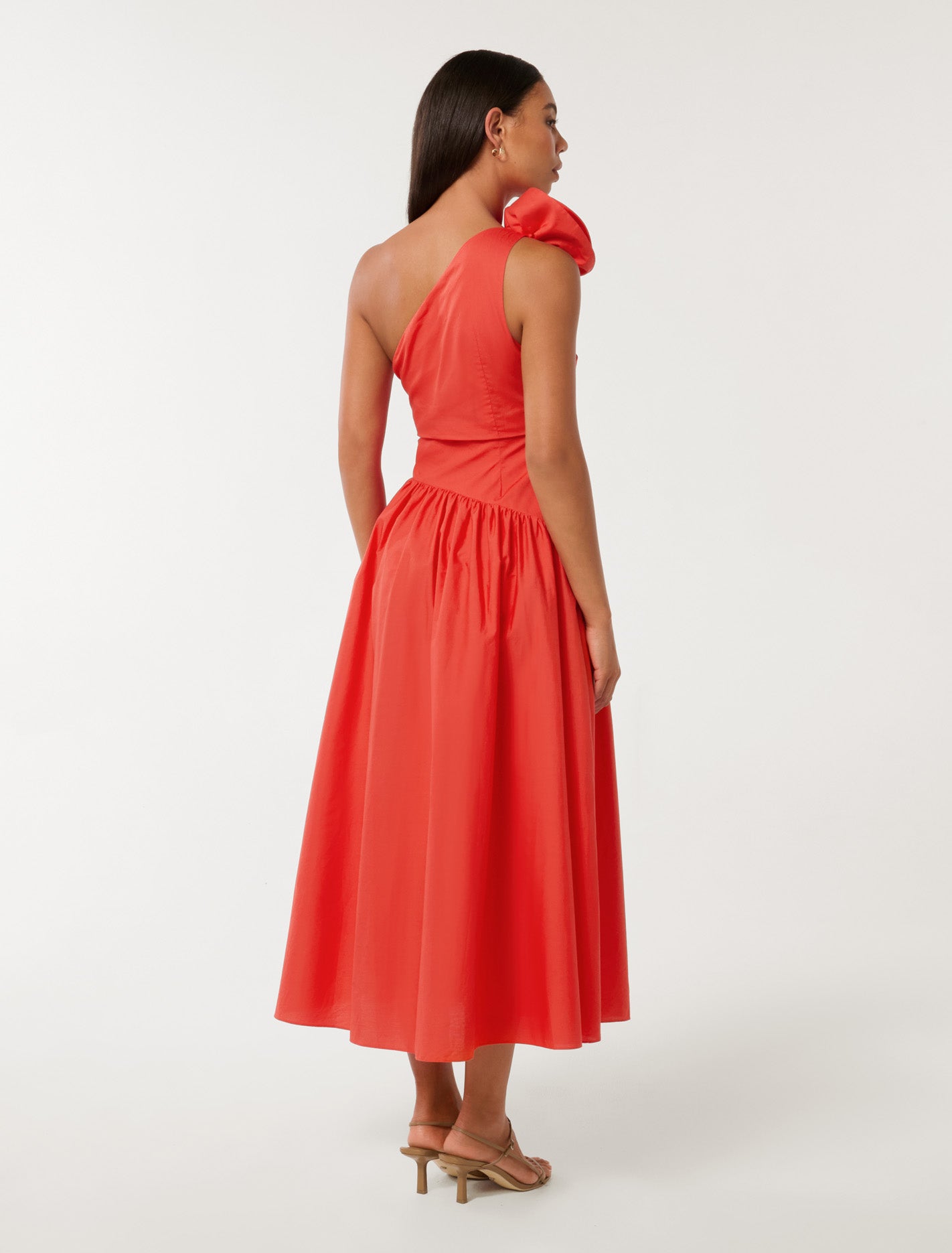 Josefina One Shoulder Rosette Midi Flame Scarlet