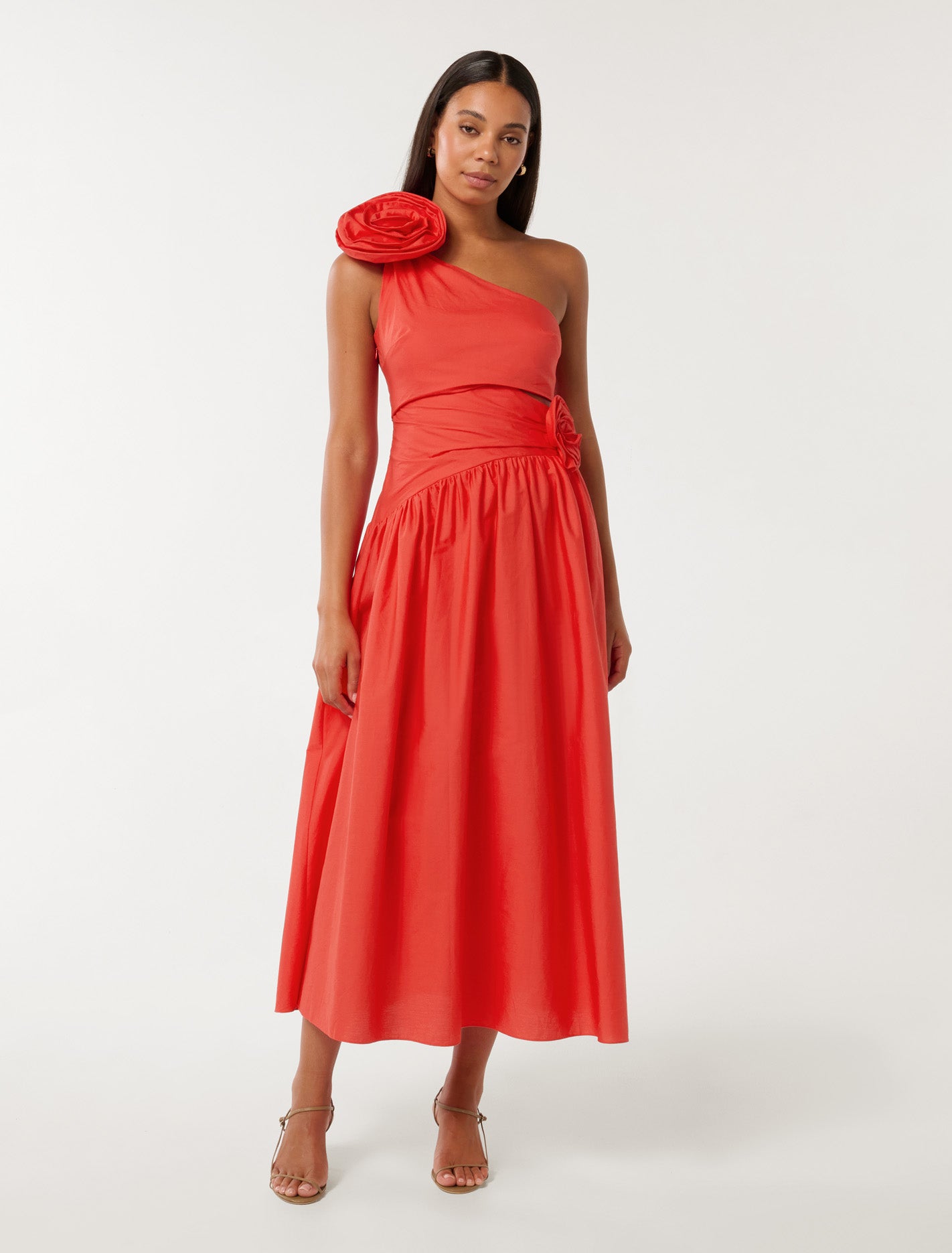 Josefina One Shoulder Rosette Midi Flame Scarlet