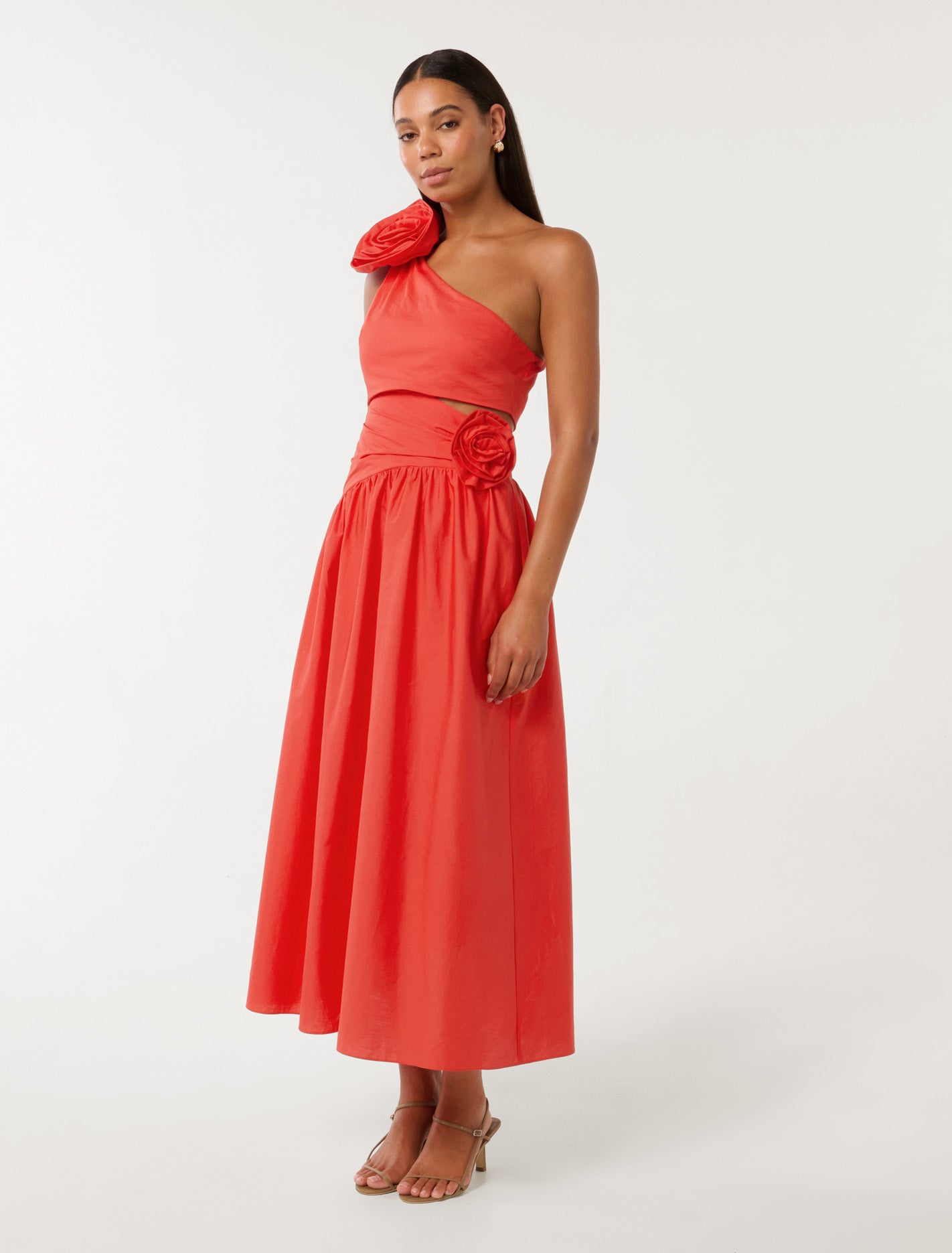Josefina One Shoulder Rosette Midi Flame Scarlet