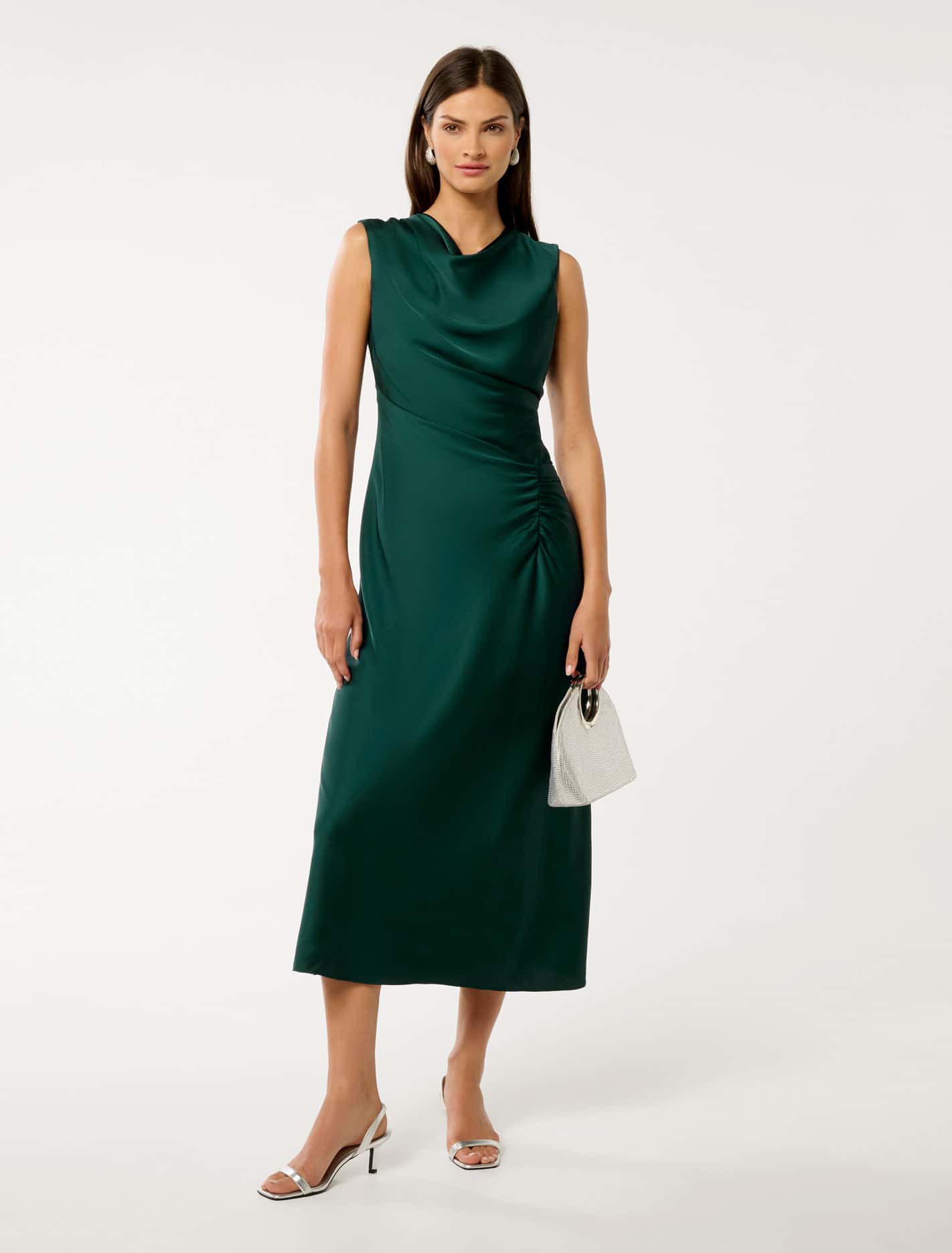 Ava Draped Satin Maxi Dress Forest Moss