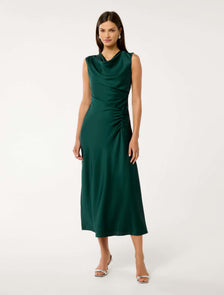 Ava Draped Satin Maxi Dress Forest Moss