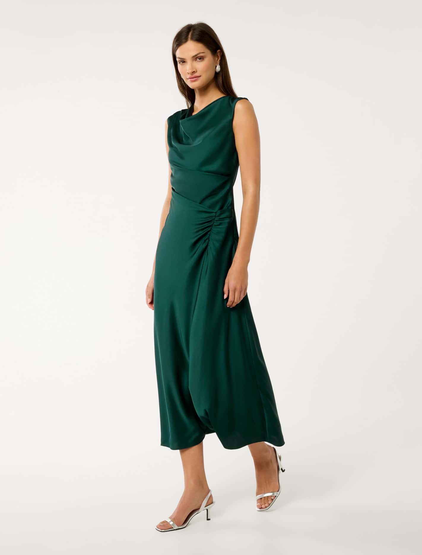 Ava Draped Satin Maxi Dress Forest Moss