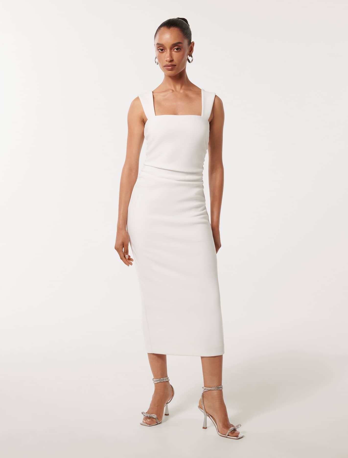 Reina Petite Ruched Bodycon Midi Dress Porcelain